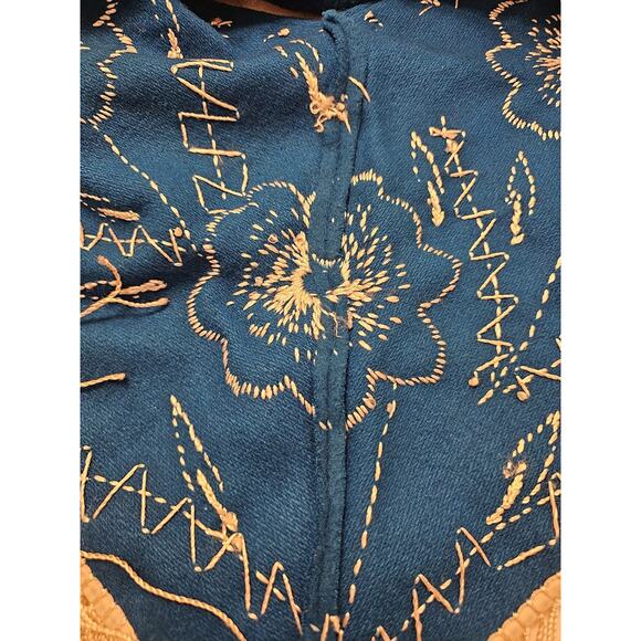 Vintage Youth 70s Embroidered Mexican Poncho/Cape Wool Tassel Fringe Teal - Picture 4 of 8